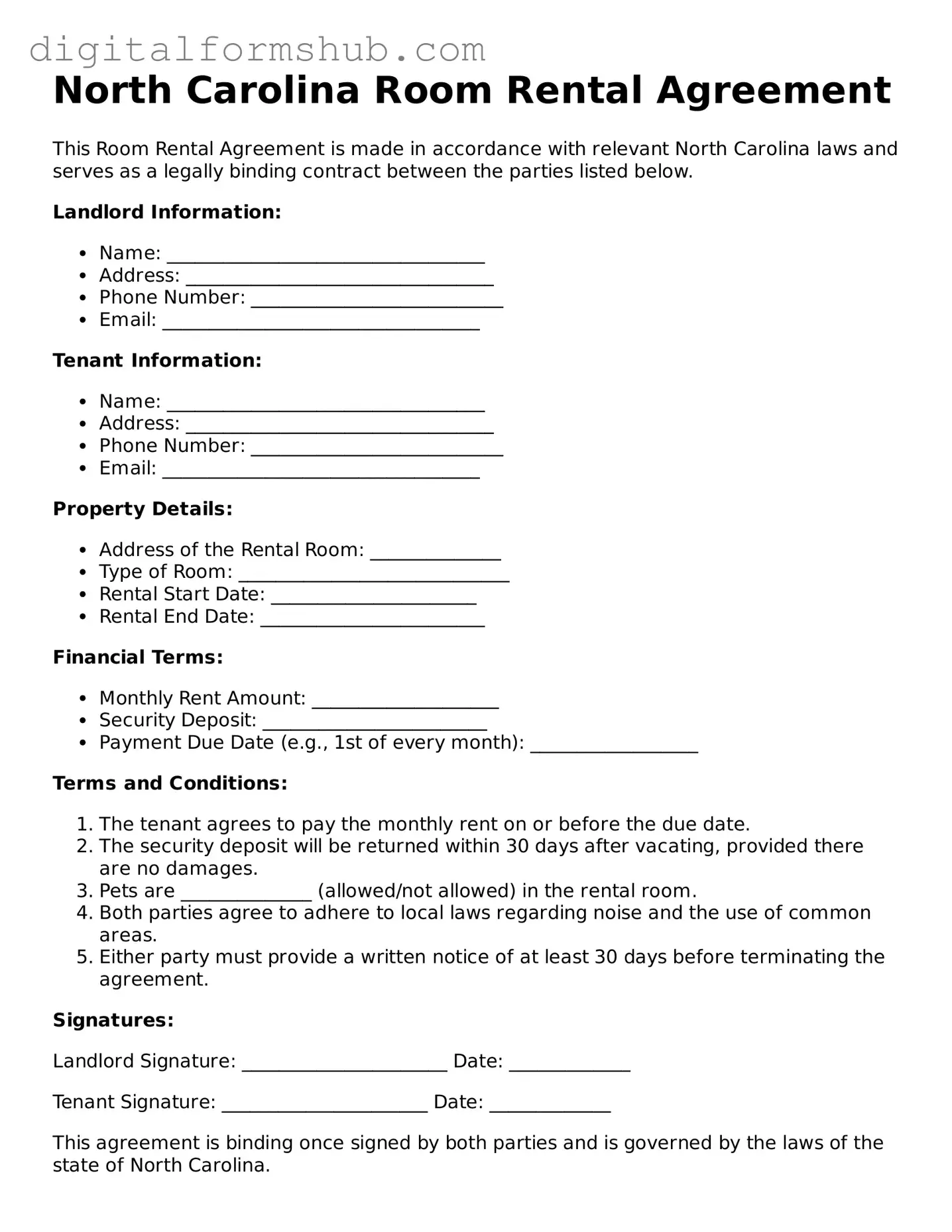 Official Room Rental Agreement Template for the State of North Carolina