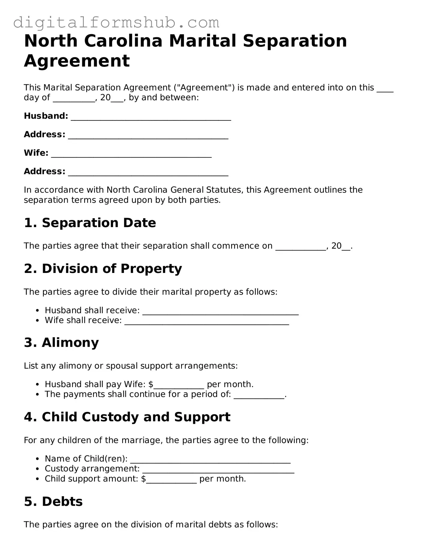 Official Marital Separation Agreement Template for the State of North Carolina