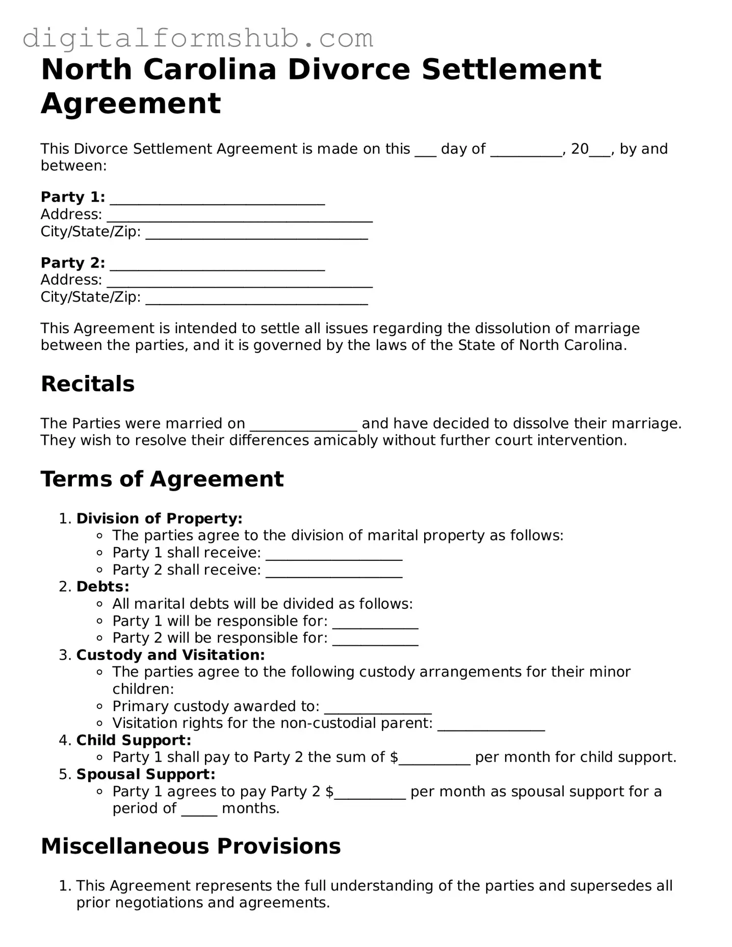 Official Divorce Settlement Agreement Template for the State of North Carolina