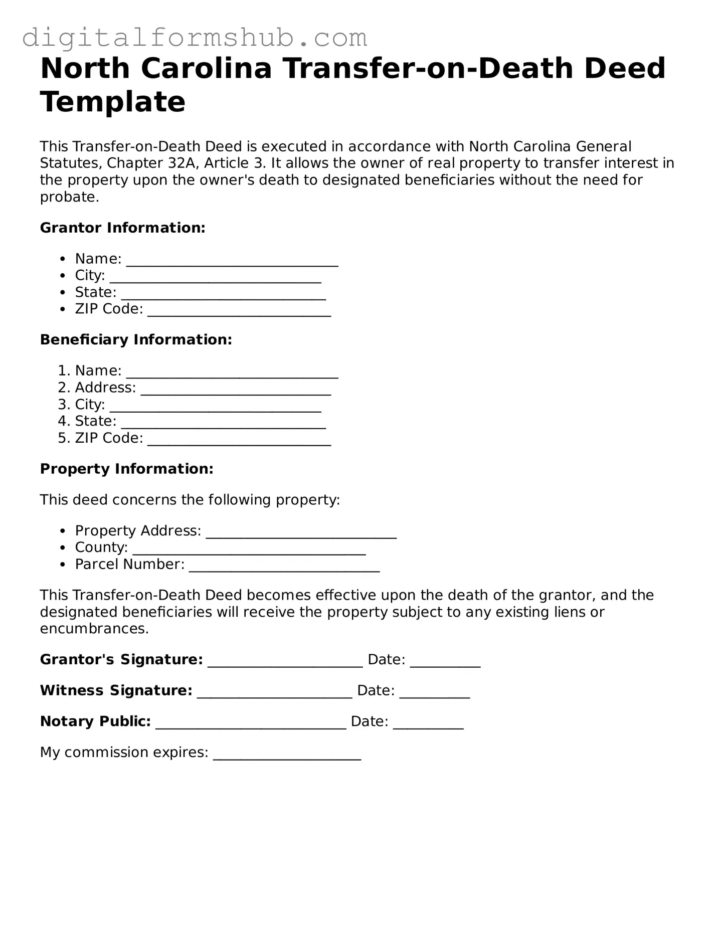 Official Transfer-on-Death Deed Template for the State of North Carolina