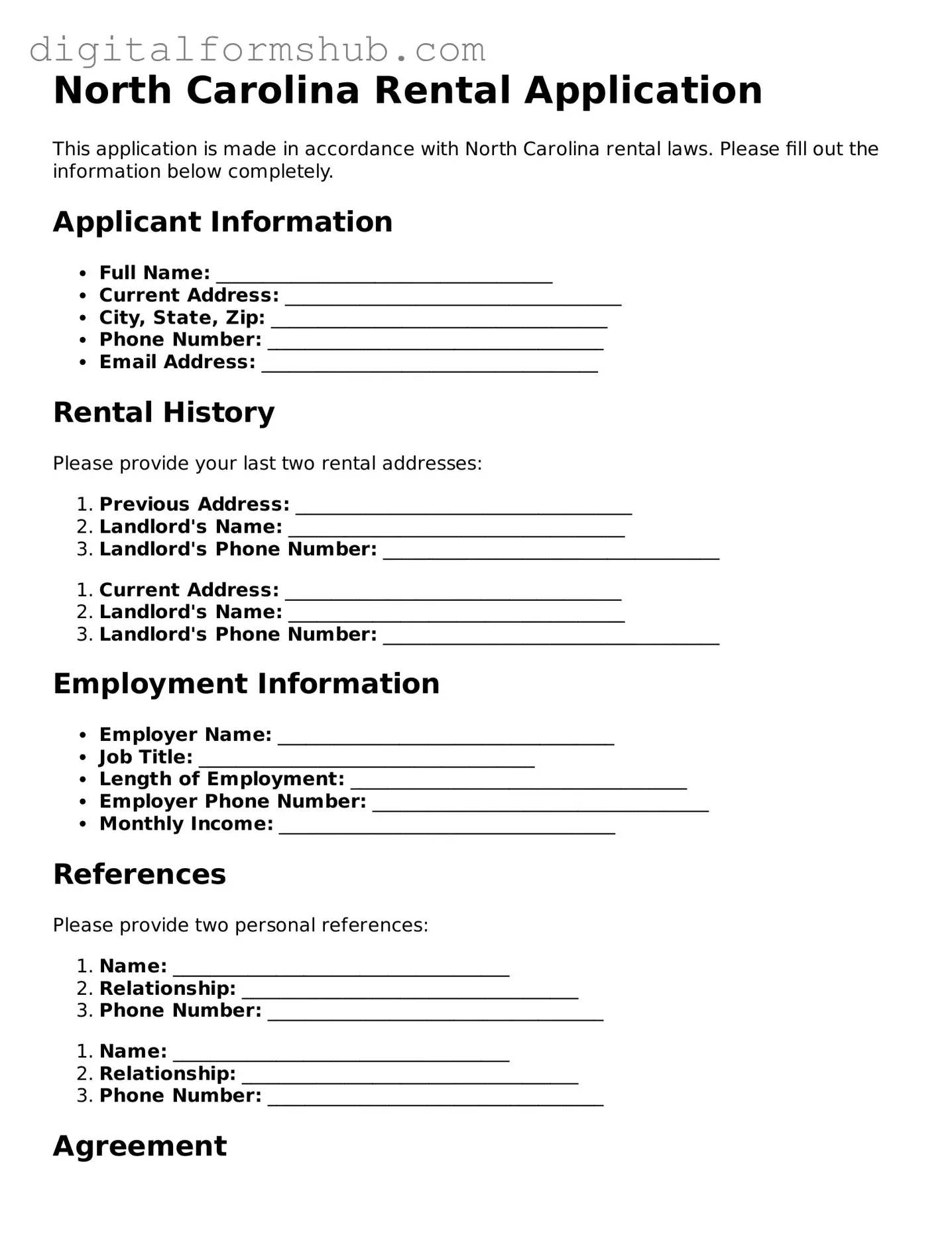 Official Rental Application Template for the State of North Carolina