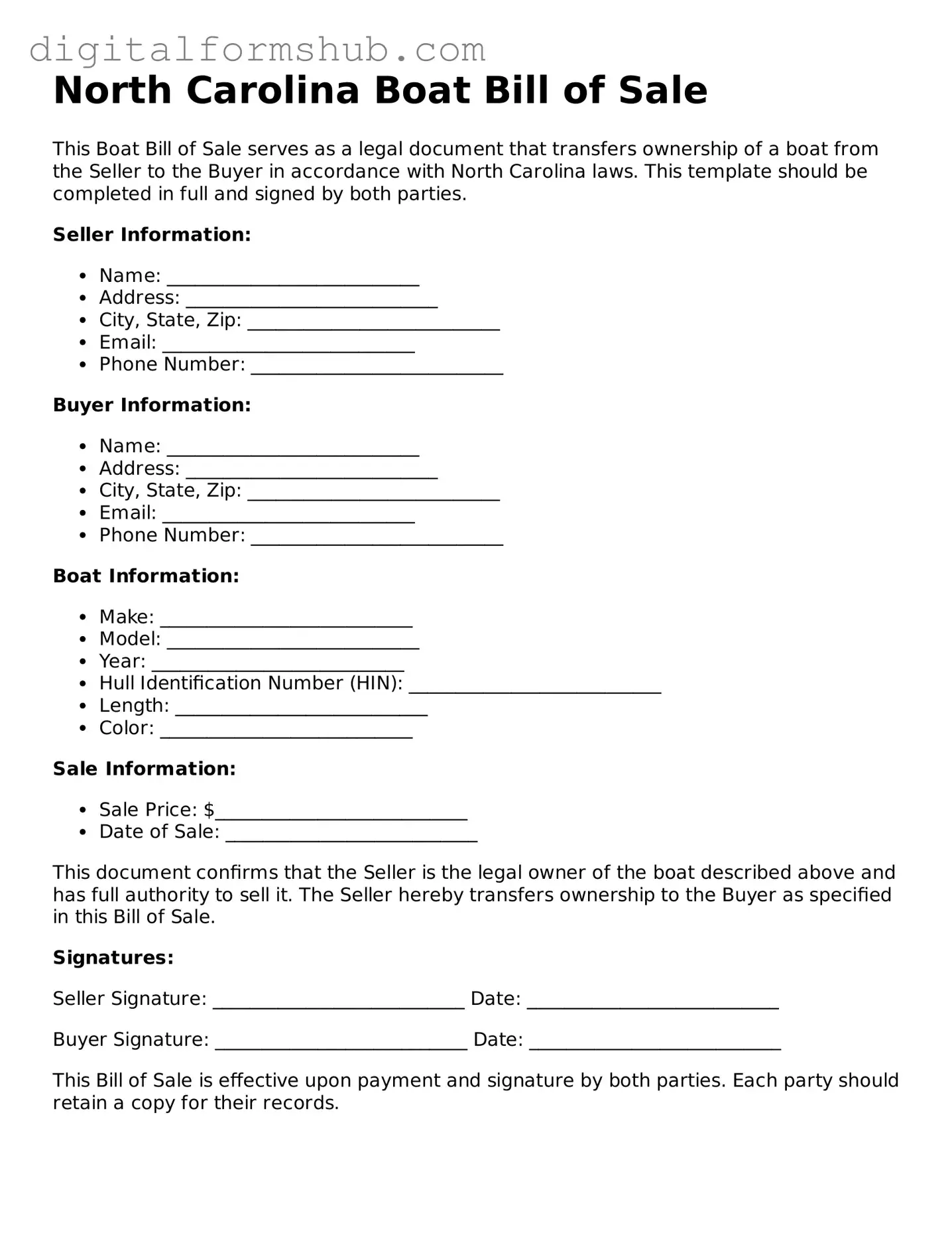 Official Boat Bill of Sale Template for the State of North Carolina