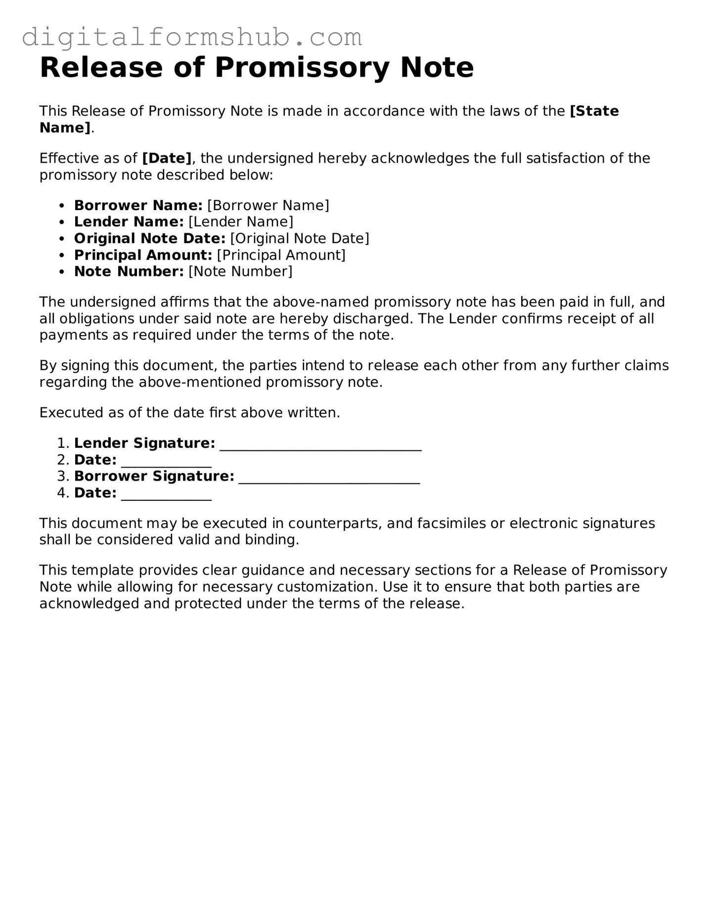 Valid Release of Promissory Note Document