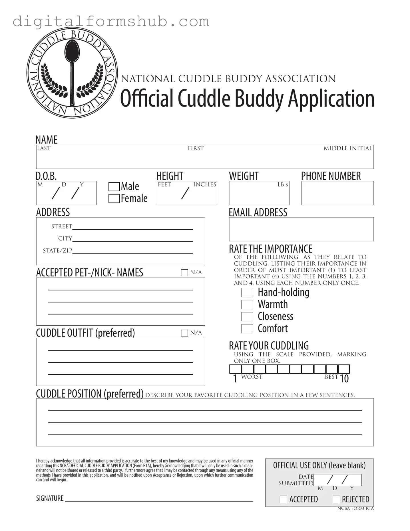 Free Cuddle Buddy Application Form in PDF