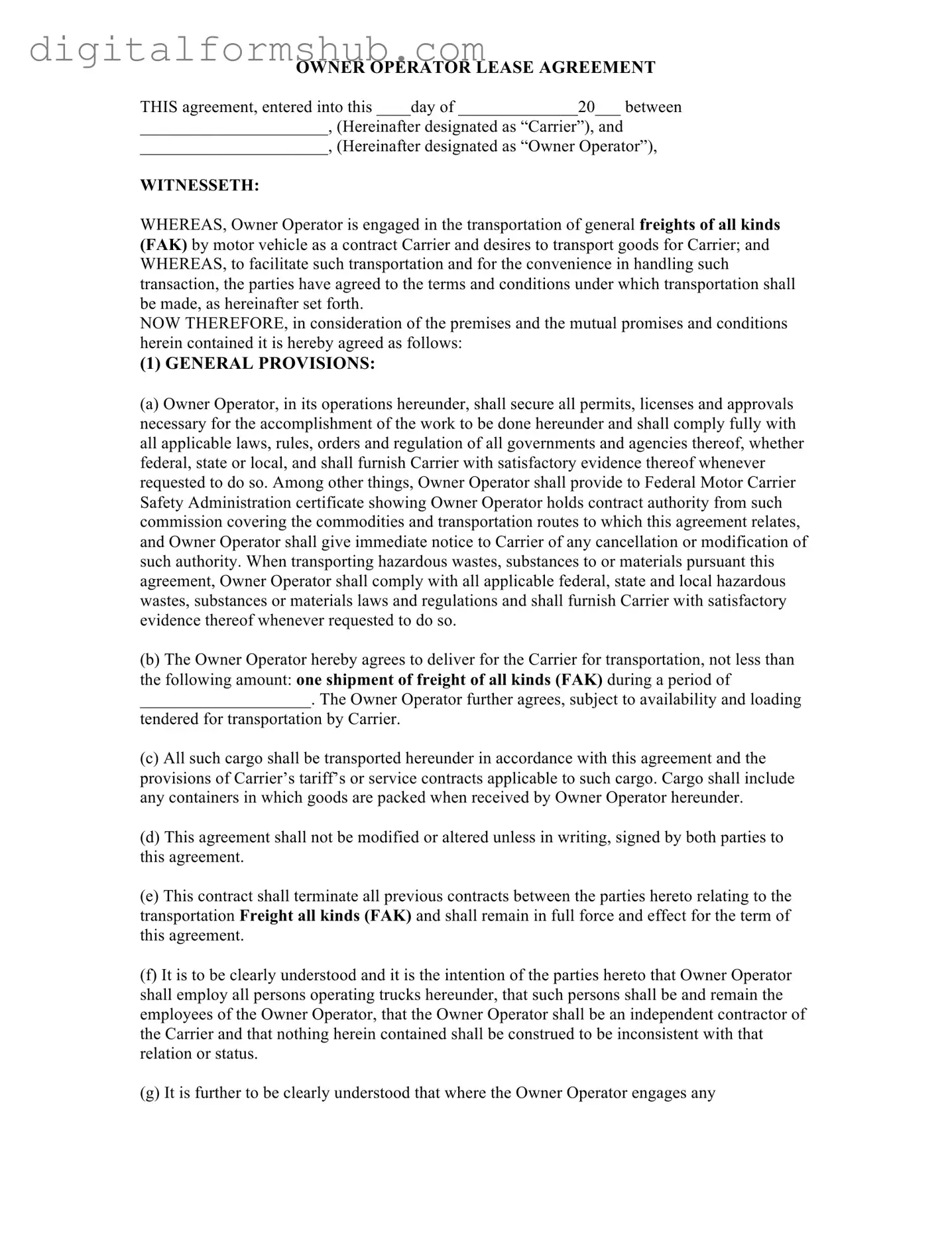 Free Owner Operator Lease Agreement Form in PDF