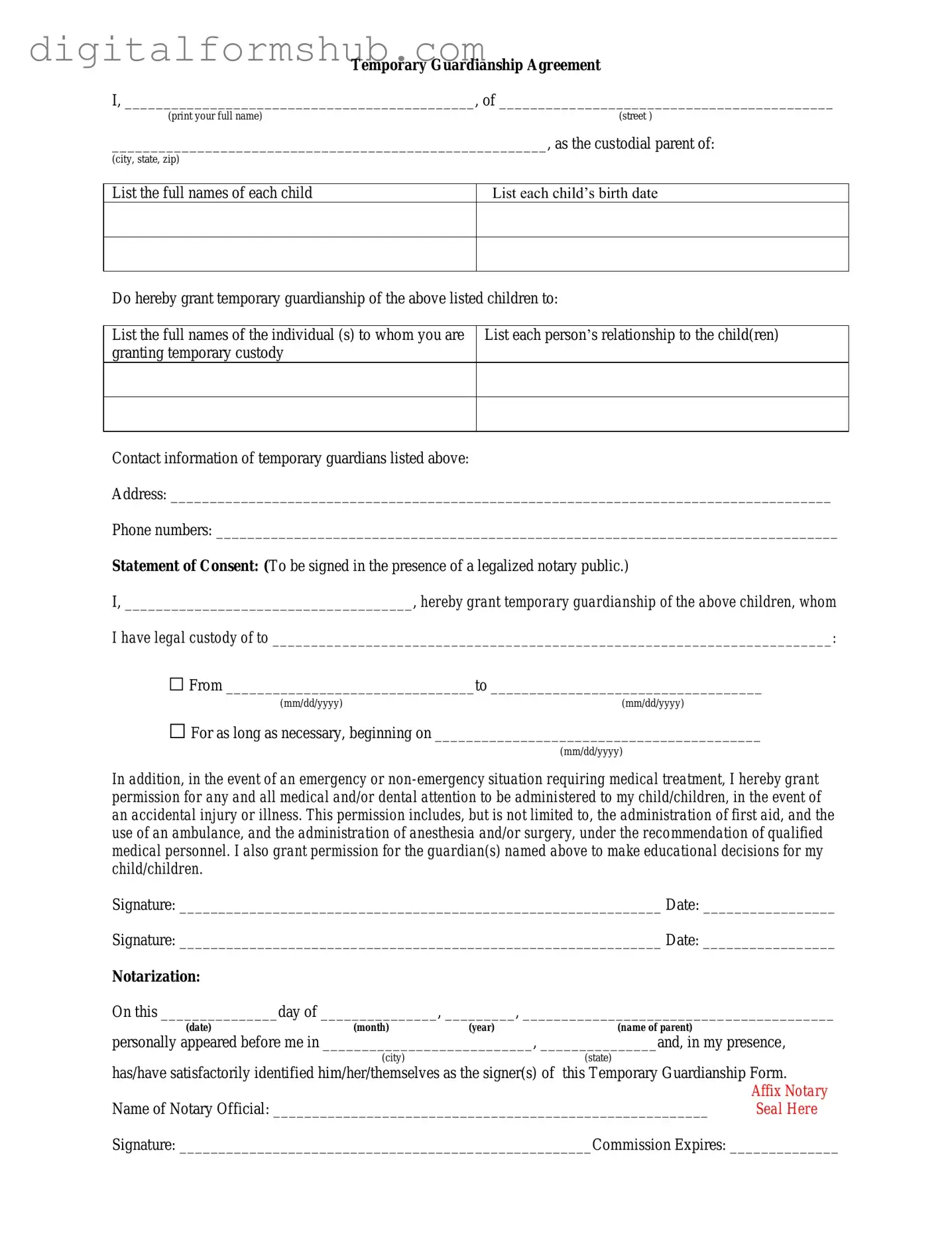Free Temporary Custody Form in PDF