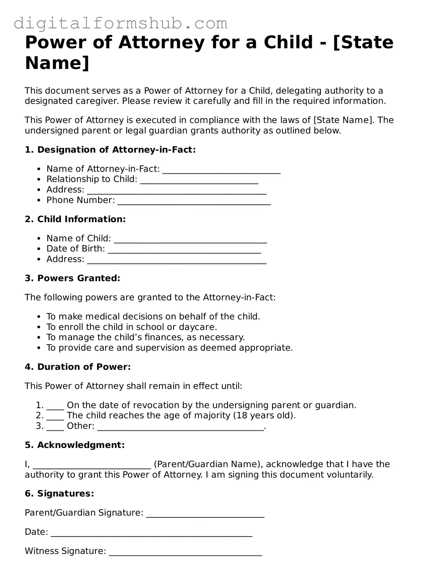 Valid Power of Attorney for a Child Document