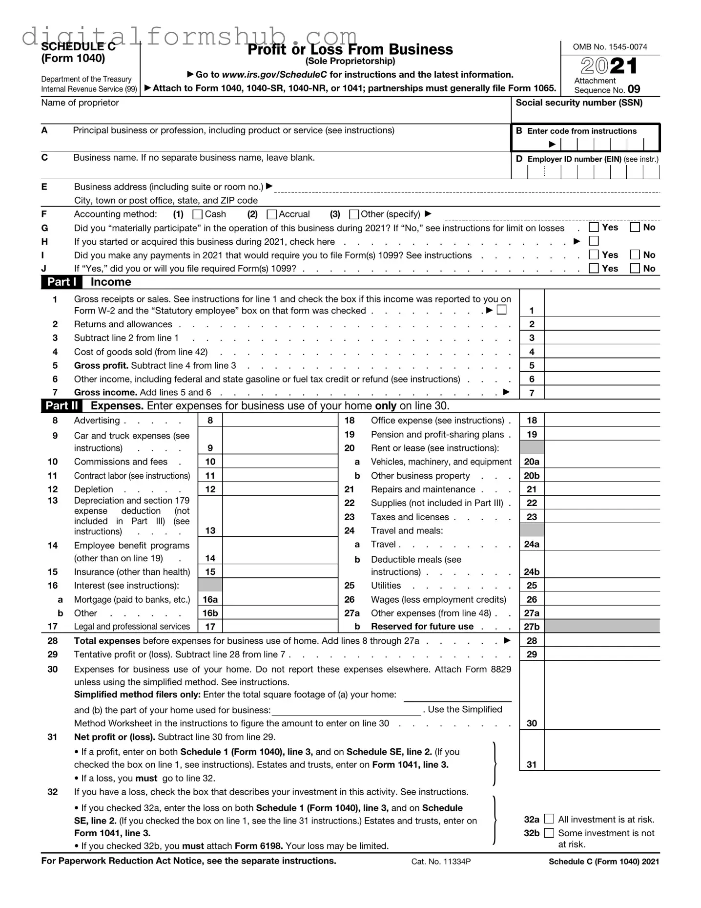 Free IRS Schedule C 1040 Form in PDF
