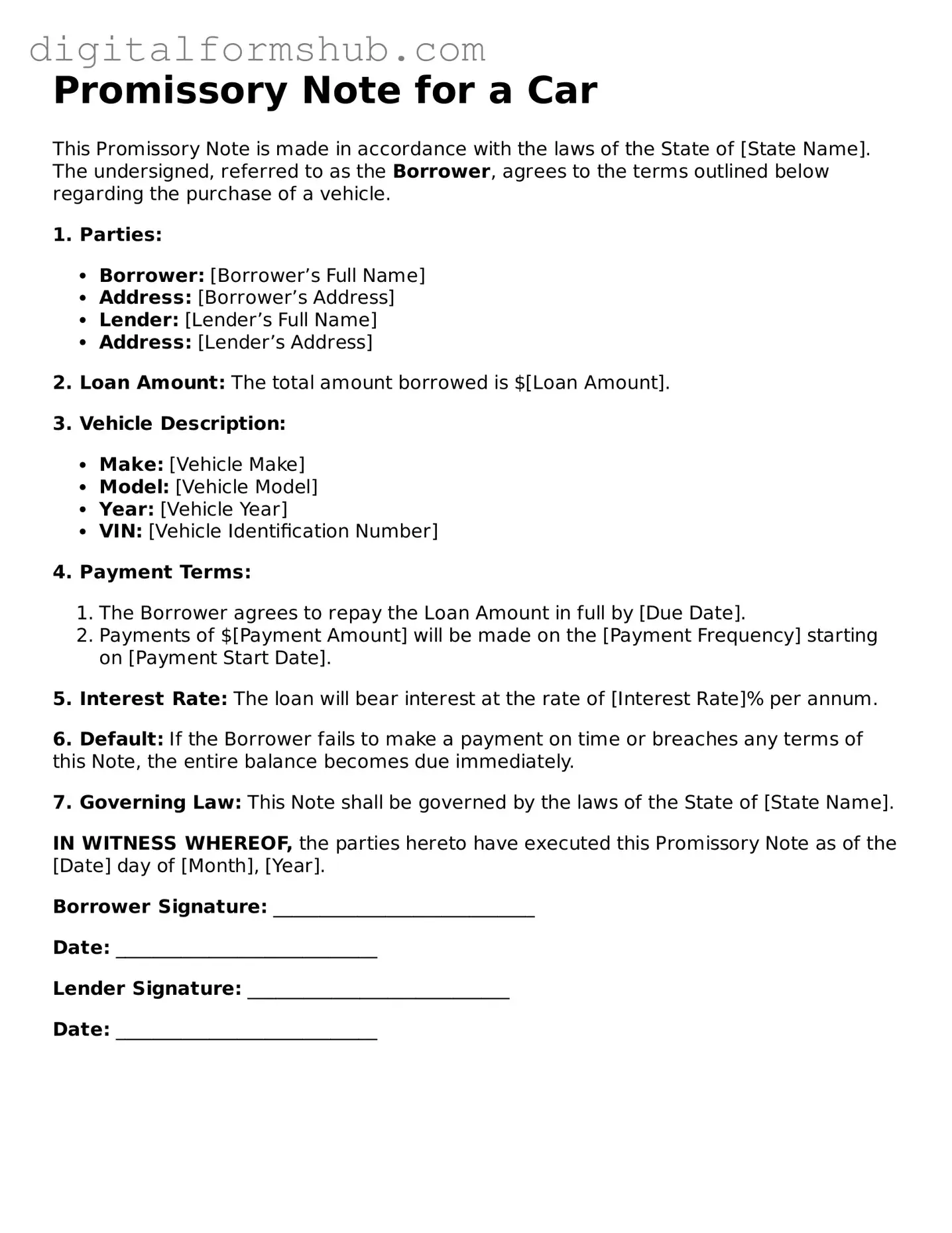 Valid Promissory Note for a Car Document