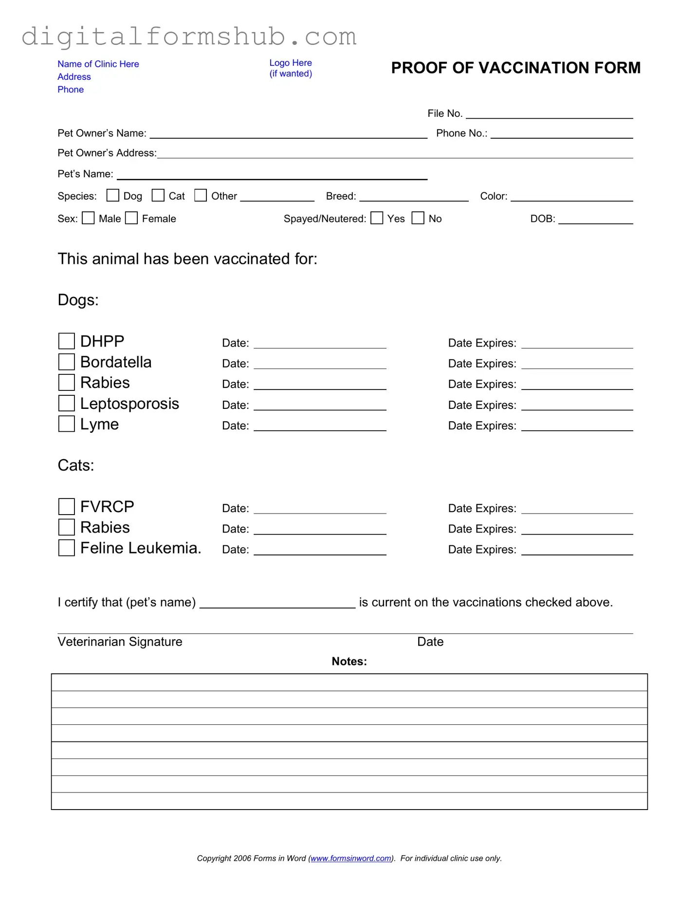 Free Proof Of Vaccination Dog Form in PDF