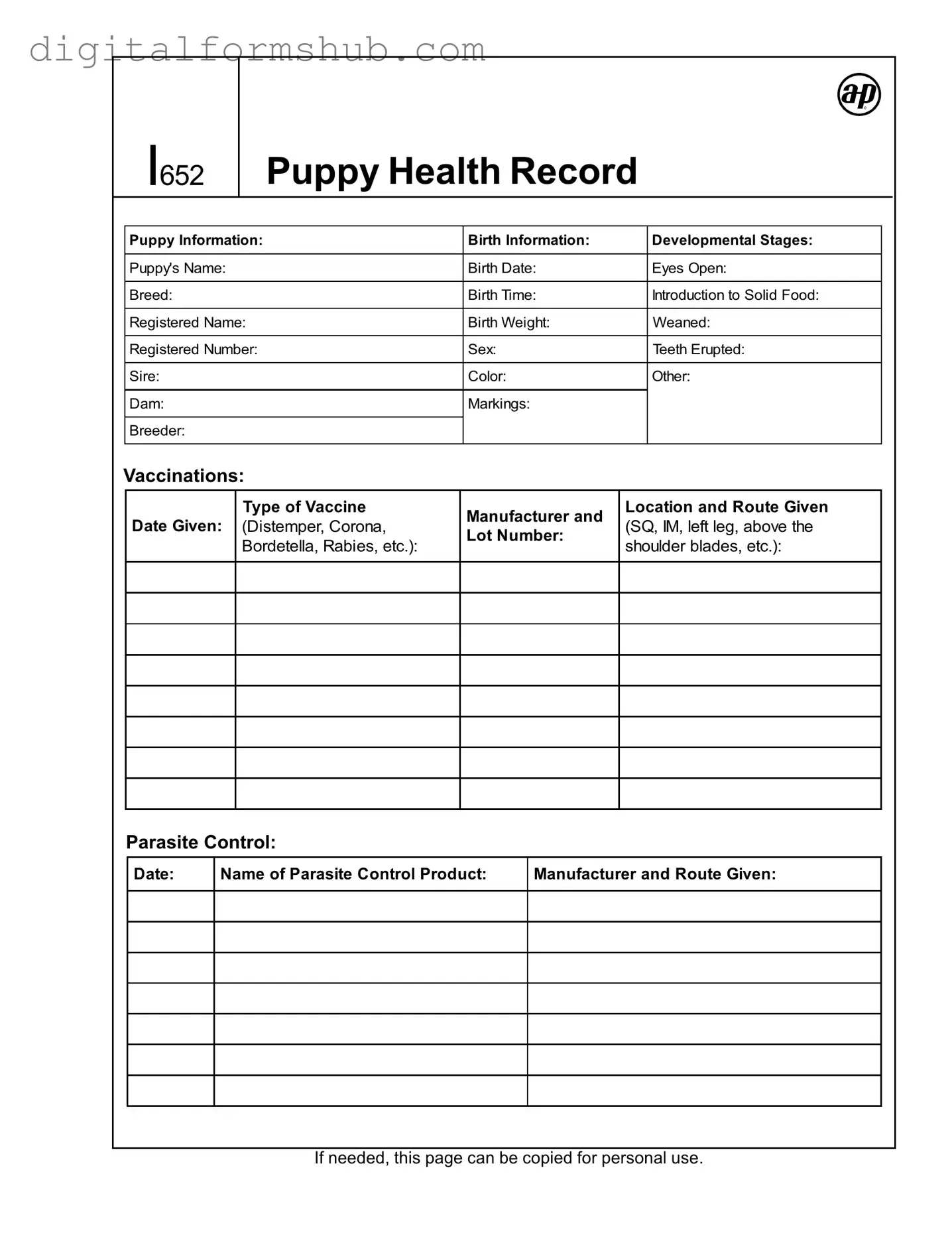 Free Puppy Health Record Form in PDF