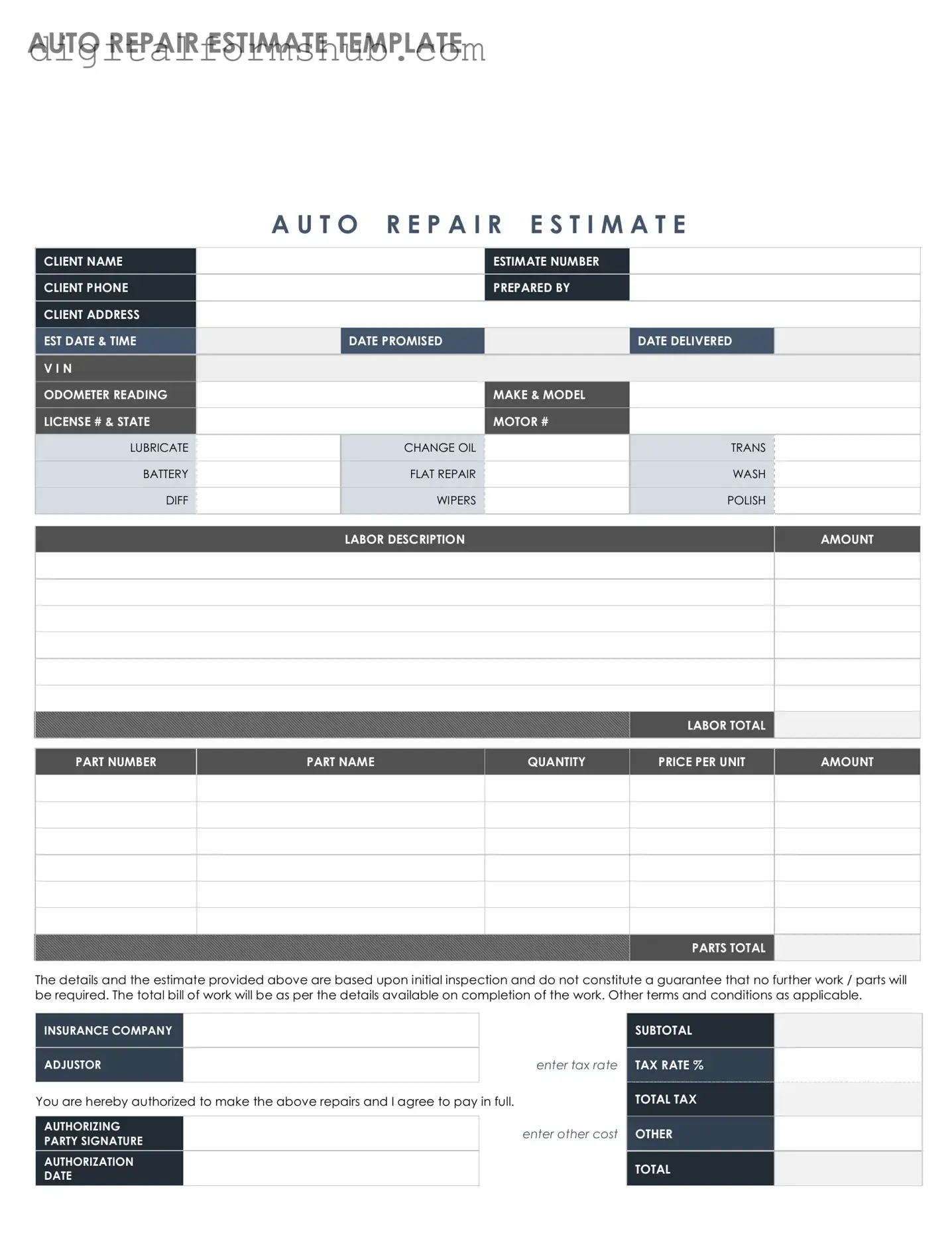 Free Auto Repair Estimate Form in PDF