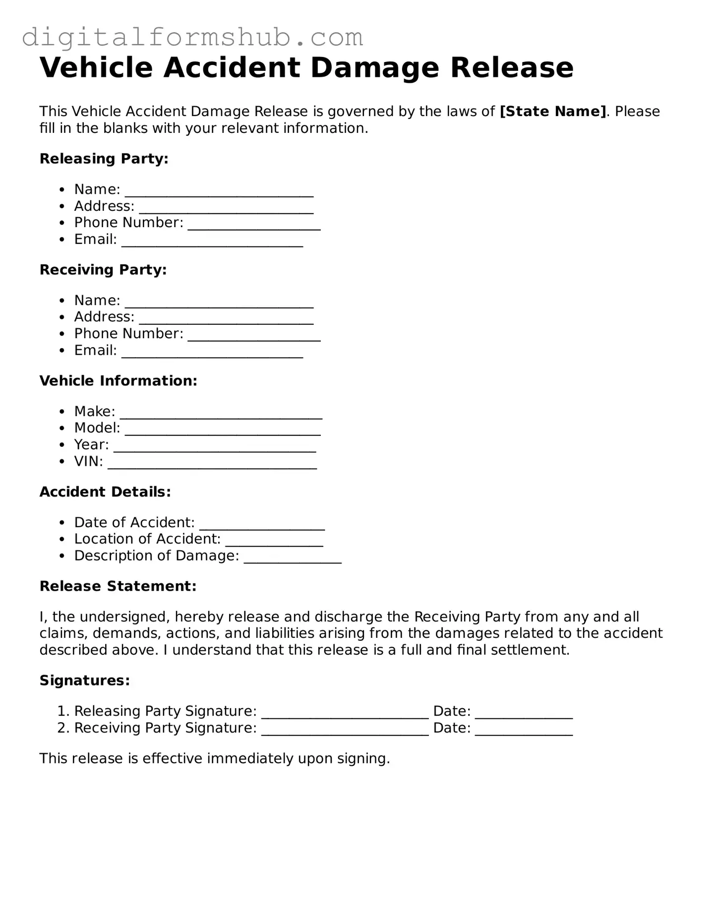 Valid Vehicle Accident Damage Release Document