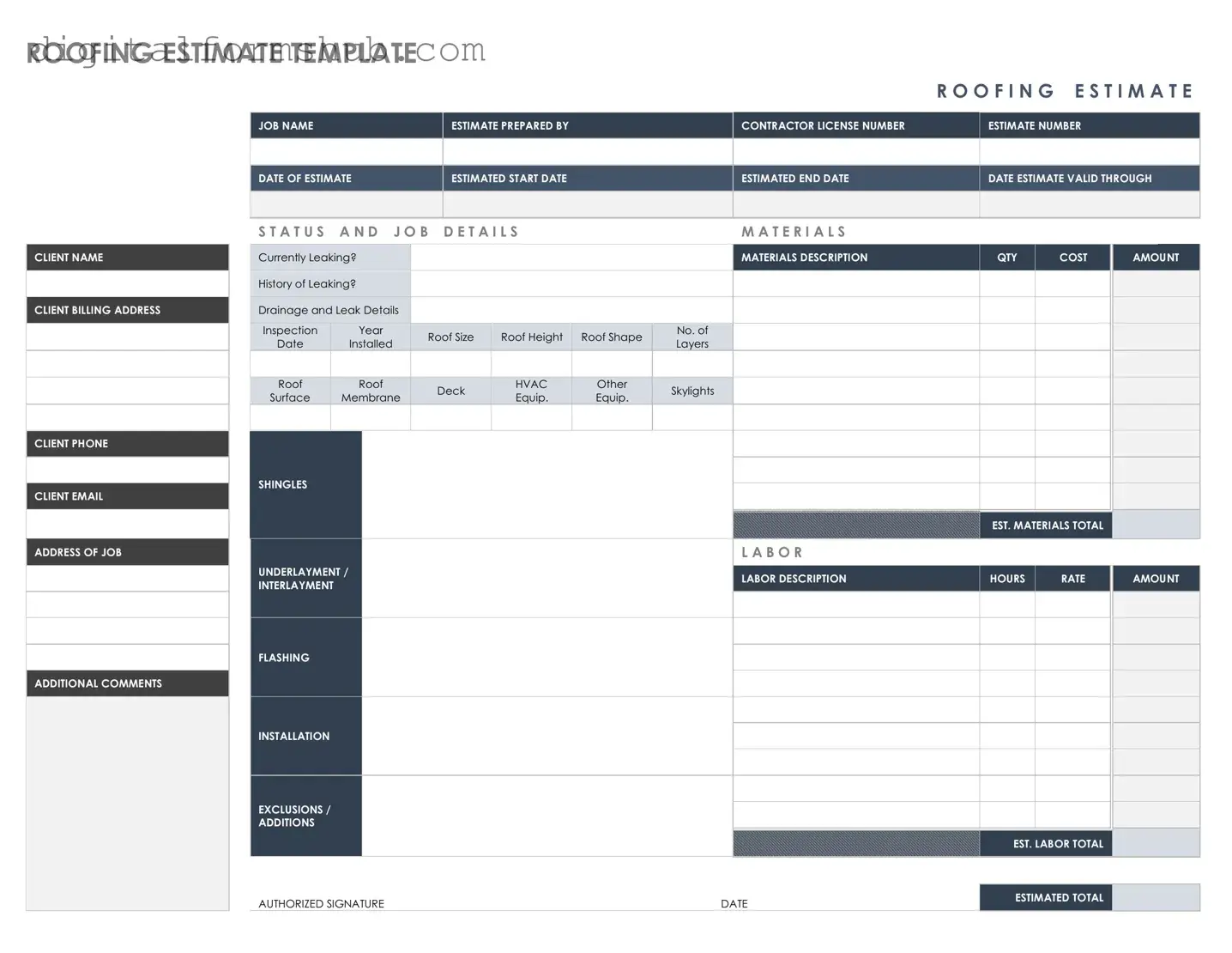 Free Roofing Estimate Form in PDF
