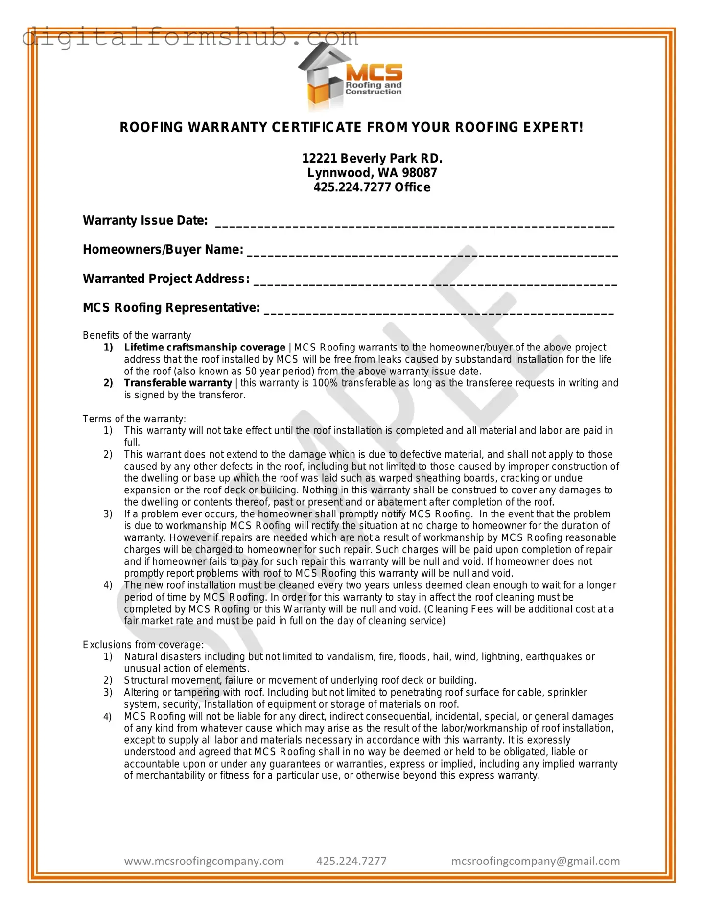 Free Roofing Warranty Certificate Form in PDF