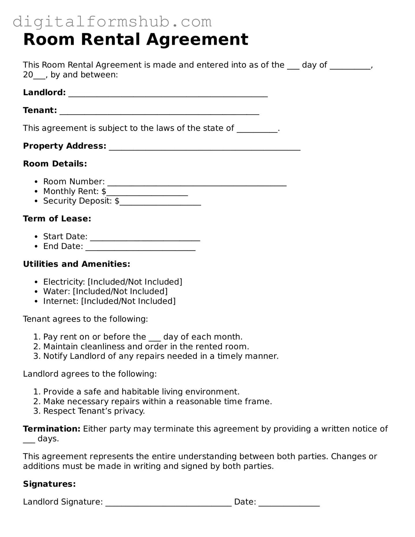 Valid Room Rental Agreement Document