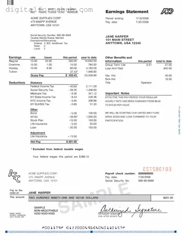 Free Adp Pay Stub Form in PDF
