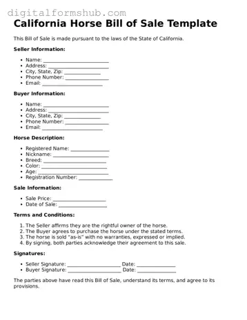 Official Horse Bill of Sale Template for the State of California
