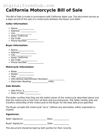 Official Motorcycle Bill of Sale Template for the State of California