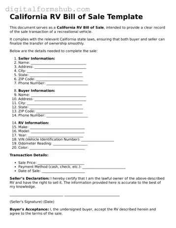 Official RV Bill of Sale Template for the State of California