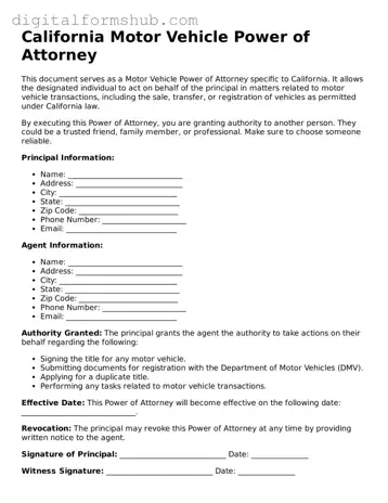 Official Motor Vehicle Power of Attorney Template for the State of California