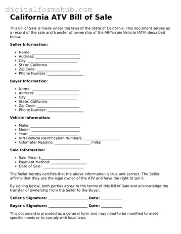 Official ATV Bill of Sale Template for the State of California