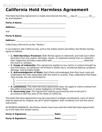 Official Hold Harmless Agreement Template for the State of California