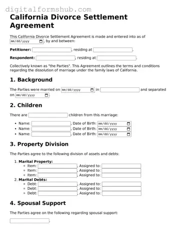 Official Divorce Settlement Agreement Template for the State of California