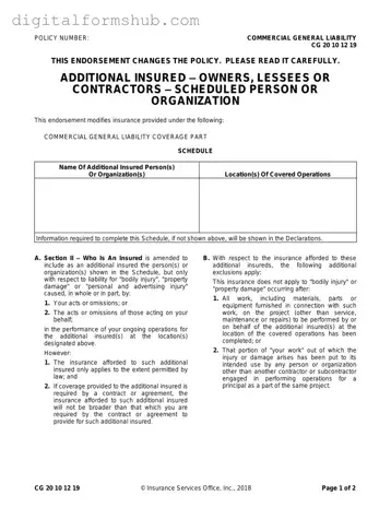 Free Cg 20 10 07 04 Liability Endorsement Form in PDF