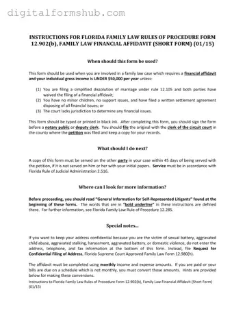 Free Florida Financial Affidavit Short 12.902(b) Form in PDF