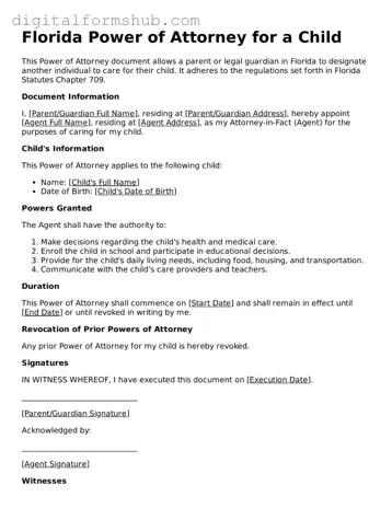 Official Power of Attorney for a Child Template for the State of Florida