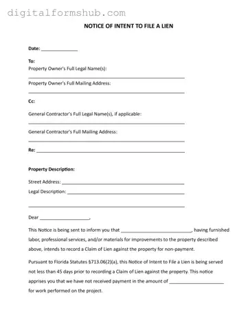 Free Intent To Lien Florida Form in PDF