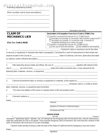 Free Mechanics Lien California Form in PDF