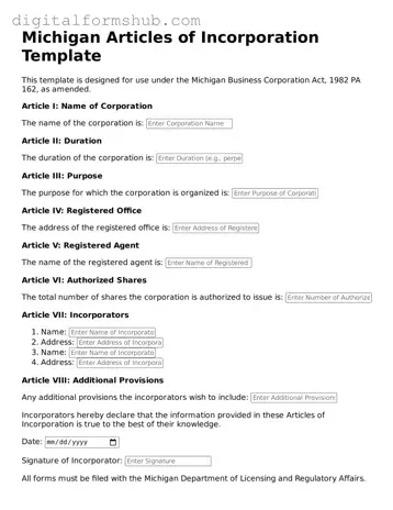 Official Articles of Incorporation Template for the State of Michigan