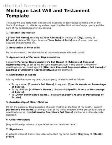 Official Last Will and Testament Template for the State of Michigan