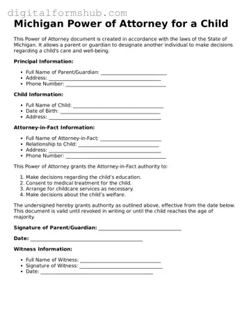 Official Power of Attorney for a Child Template for the State of Michigan