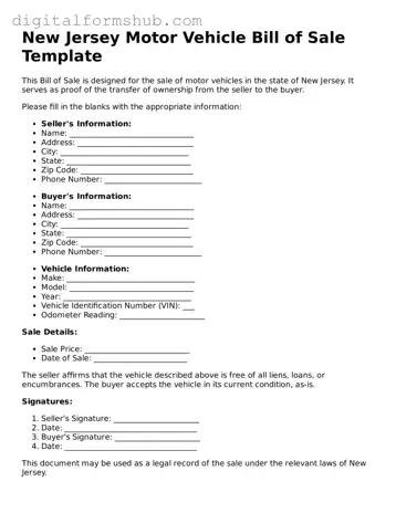 Official Motor Vehicle Bill of Sale Template for the State of New Jersey