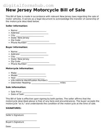 Official Motorcycle Bill of Sale Template for the State of New Jersey