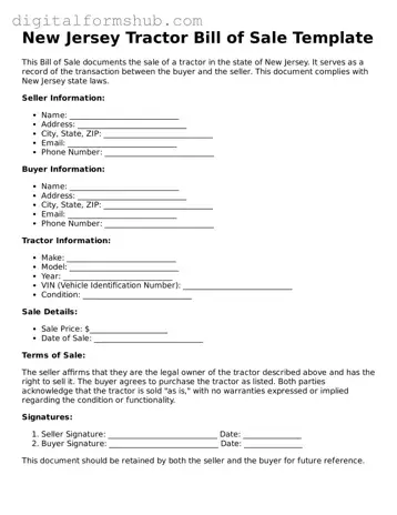 Official Tractor Bill of Sale Template for the State of New Jersey