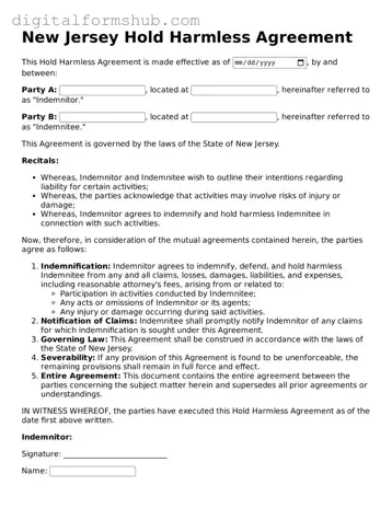Official Hold Harmless Agreement Template for the State of New Jersey