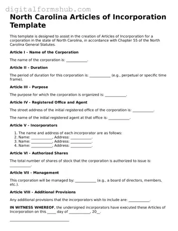 Official Articles of Incorporation Template for the State of North Carolina