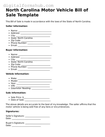 Official Motor Vehicle Bill of Sale Template for the State of North Carolina