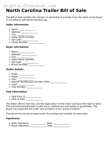 Official Trailer Bill of Sale Template for the State of North Carolina