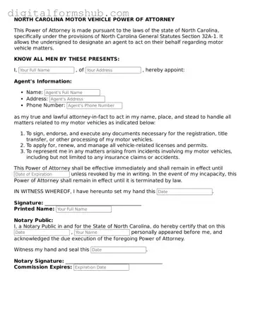 Official Motor Vehicle Power of Attorney Template for the State of North Carolina