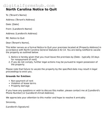 Official Notice to Quit Template for the State of North Carolina
