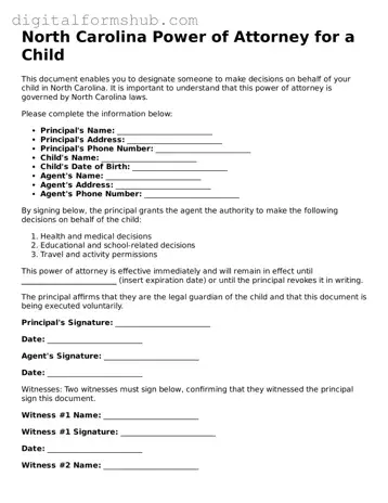 Official Power of Attorney for a Child Template for the State of North Carolina