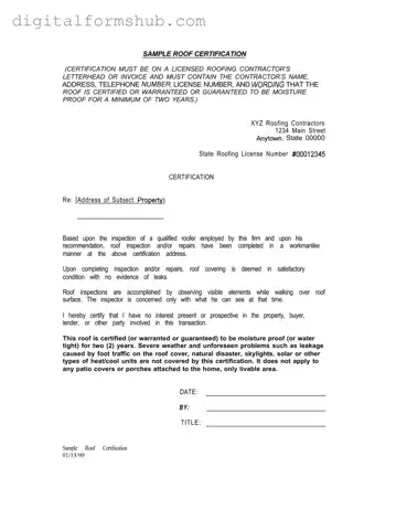Free Sample Roof Certification Form in PDF