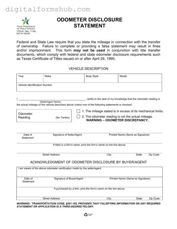 Free Texas Odometer Statement Form in PDF