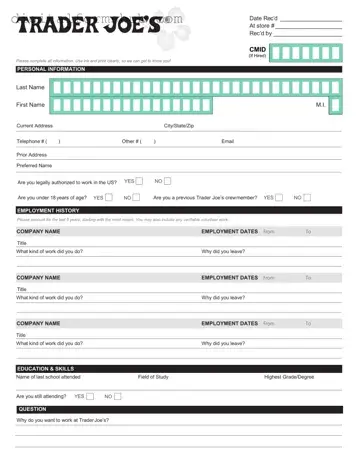 Free Trader Joe's application Form in PDF
