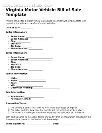 Official Motor Vehicle Bill of Sale Template for the State of Virginia